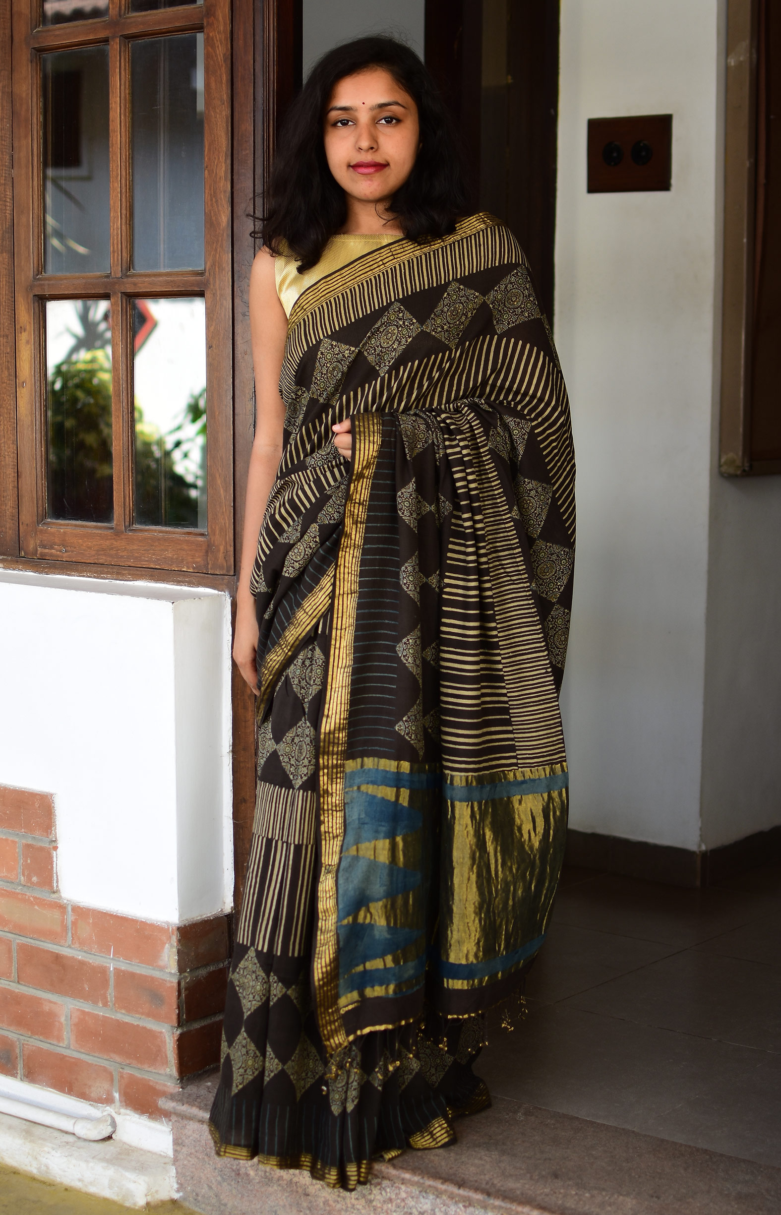 Brown, Handwoven Organic Cotton, Textured Weave , Natural dye, Hand block printed, Occasion Wear, Jari, Ajrakh Saree